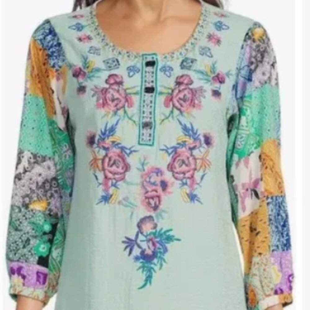 Calessa Blouse Women's 2X Mint Multi Embroidered Floral Patchwork Print TopTunic - Picture 2 of 13
